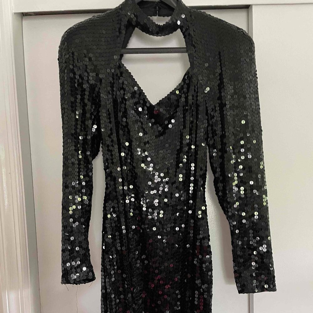 Vintage Nite Line Black Sequin mini dress- 10